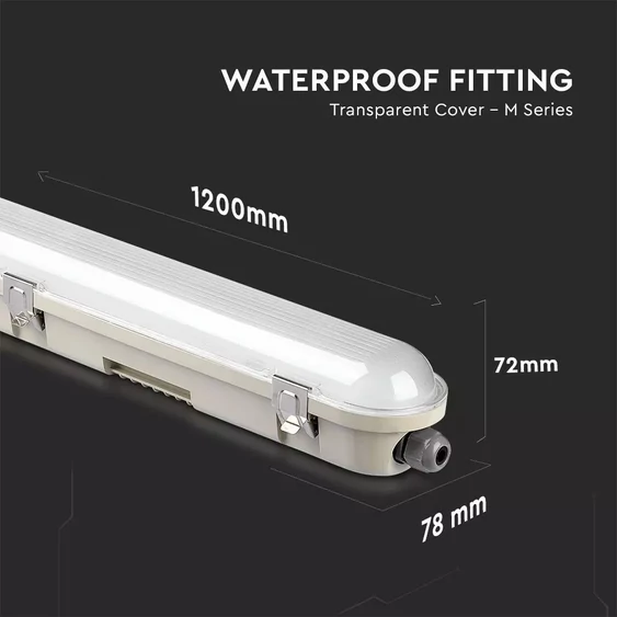 LED Waterproof Fitting M-SERIES 1200mm 36W 6400K Transparent SS Clip 120LM/W