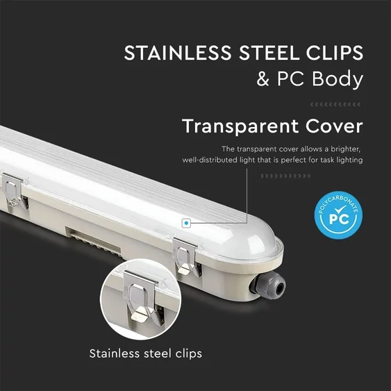 LED Waterproof Fitting M-SERIES 1200mm 36W 6400K Transparent SS Clip 120LM/W