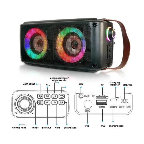 V-TAC Soundor 20W Bluetooth hordozható hangszóró LED világítással, 2x3 inch - SKU 6664