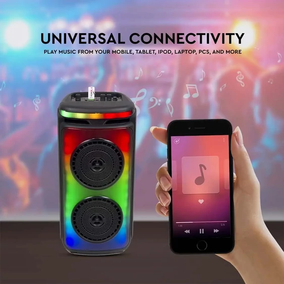 V-TAC Soundor 20W Bluetooth hordozható hangszóró LED világítással, 2x6 inch, mikrofonnal - SKU 7676