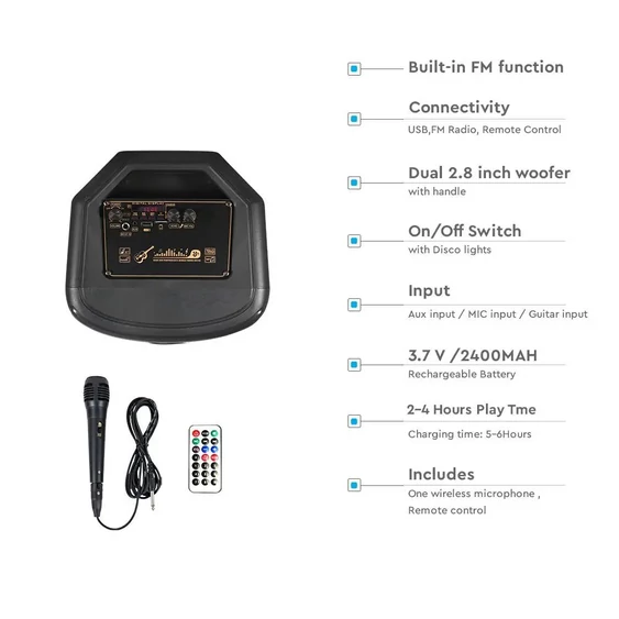 V-TAC Soundor 30W Bluetooth hordozható hangszóró LED világítással, 2x8 inch, mikrofonnal - SKU 7677