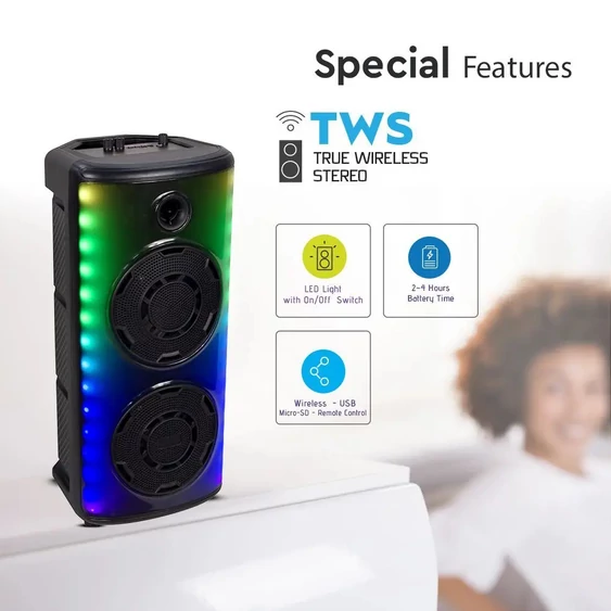 V-TAC Soundor 30W Bluetooth hordozható hangszóró LED világítással, 2x8 inch, mikrofonnal - SKU 7677