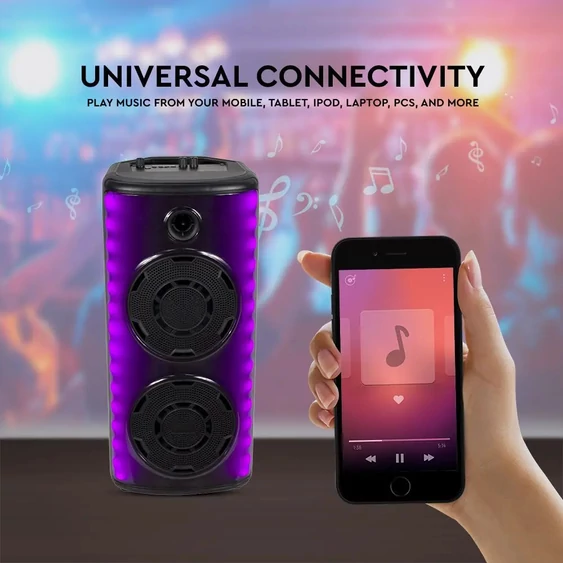 V-TAC Soundor 30W Bluetooth hordozható hangszóró LED világítással, 2x8 inch, mikrofonnal - SKU 7677