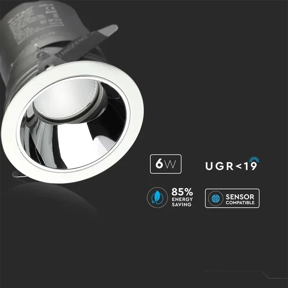 V-TAC süllyeszthető LED COB mélysugárzó lámpa UGR<19 CRI>95 6W meleg fehér - SKU 1479