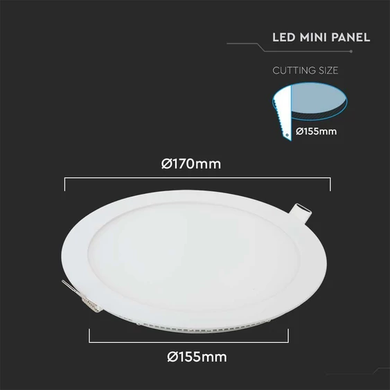 V-TAC süllyeszthető kerek fémházas LED panel 12W hideg fehér - SKU 214859