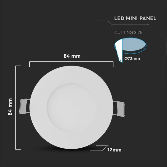 V-TAC süllyeszthető kerek fémházas LED panel 3W természetes fehér - SKU 216293