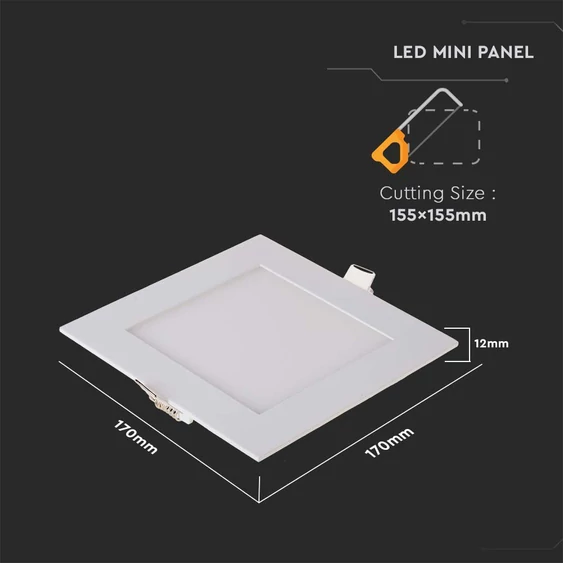 V-TAC süllyeszthető szögletes fémházas LED panel 12W hideg fehér - SKU 214868