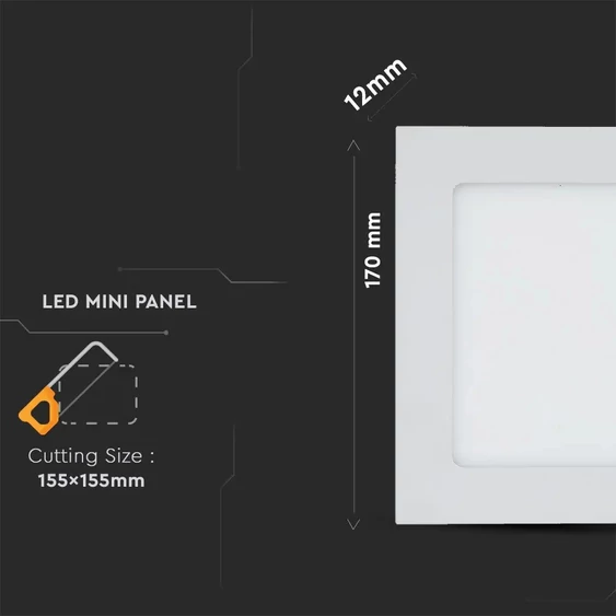 V-TAC süllyeszthető mennyezeti szögletes LED panel 12W hideg fehér - SKU 4868