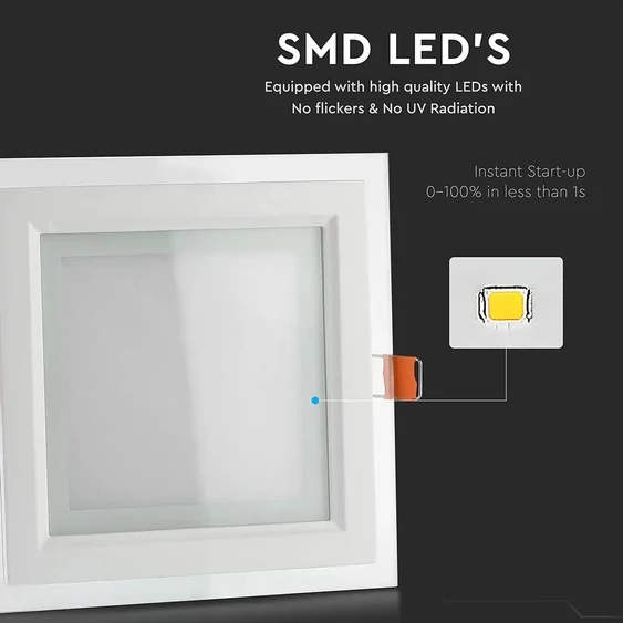 V-TAC süllyeszthető mennyezeti szögletes üveg LED panel 12W természetes fehér - SKU 6278