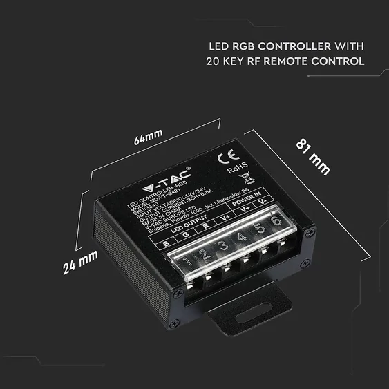 V-TAC szinkronizálható dimmelhető vezérlő távirányítóval RGB LED szalaghoz (kicsi) - SKU 3340