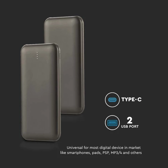 V-TAC Szürke 10000mAh powerbank, 30cm Type-C kábellel - SKU 23037