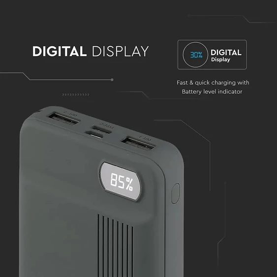 V-TAC szürke, 10000mAh powerbank, kijelzővel - SKU 8852