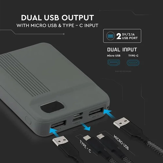 V-TAC szürke, 10000mAh powerbank, kijelzővel - SKU 8852