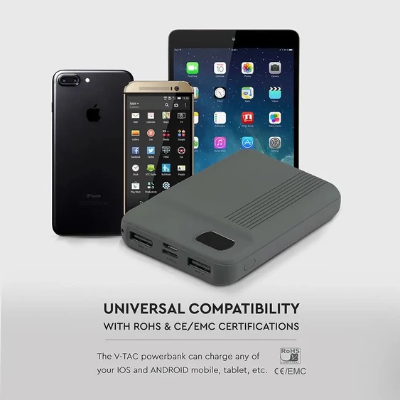 V-TAC szürke, 10000mAh powerbank, kijelzővel - SKU 8852