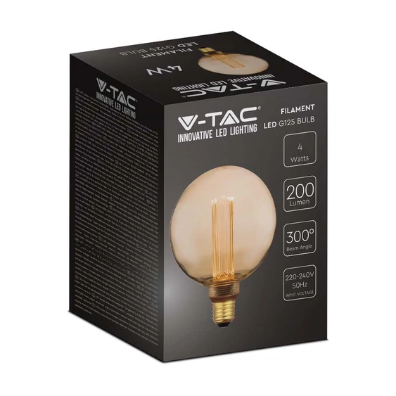 V-TAC Vintage 4W borostyán E27 ART filament G125 LED égő, 1800K - SKU 217475