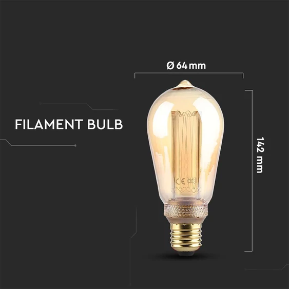 V-TAC Vintage 4W borostyán E27 ART filament ST64 LED égő, 1800K - SKU 217474