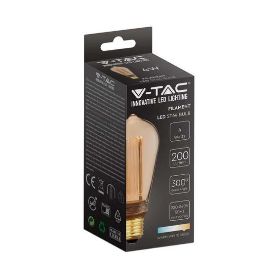 V-TAC Vintage 4W borostyán E27 ART filament ST64 LED égő, 1800K - SKU 217474