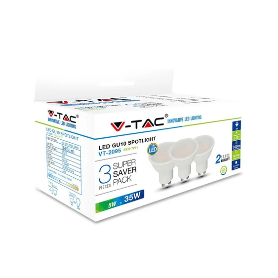 V-TAC GU10 LED spot égő 3 db/csomag 5W természetes fehér 110° - SKU 7270