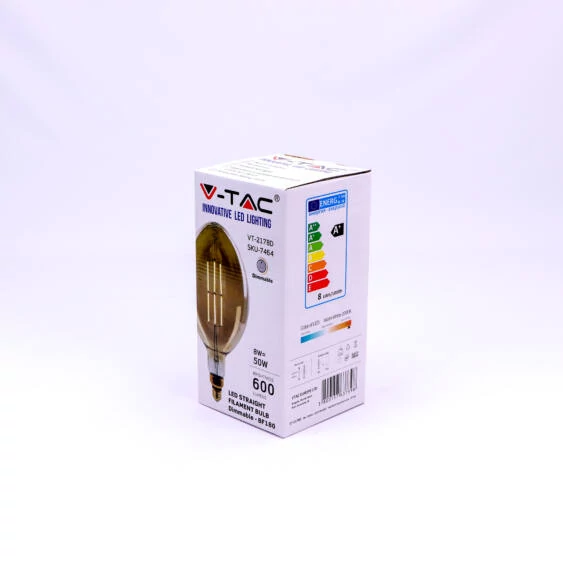 V-TAC 8W borostyán E27 meleg fehér dimmelhető filament LED égő - SKU 7464