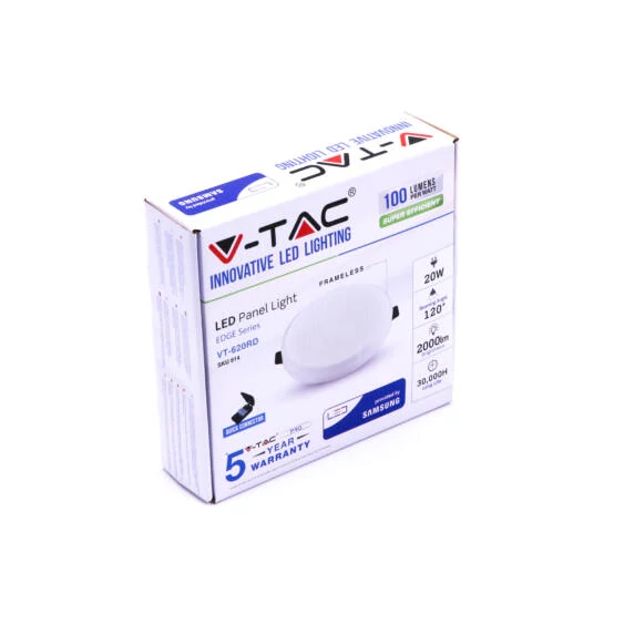 V-TAC süllyeszthető mennyezeti kerek LED panel 20W meleg fehér - SKU 614